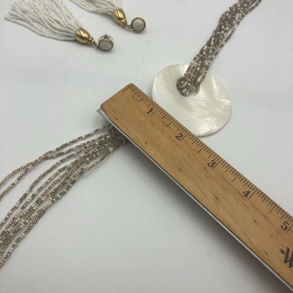 White Shell Beaded Necklace and White Beaded Dangling Pierced Earring Set - Picture 11 of 12